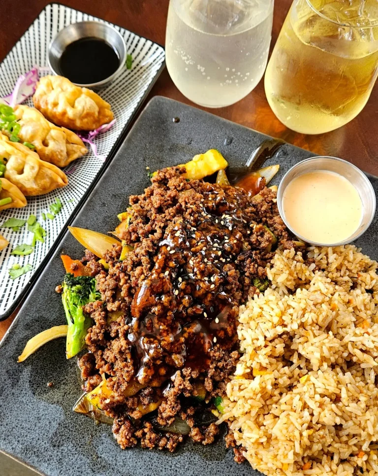 Mirin Fusion Kitchen, Aiken, SC: asian fusion entree of seasoned ground meat and stir-fried vegetables with dark sauce and sesame seeds, fried rice, on a black plate, with fried dumplings/gyoza and dipping sauces alongsi